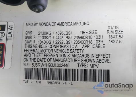 2018 Honda Cr-V Touring z USA, uszkodzony, nr VIN 5J6RW1H93JL002446